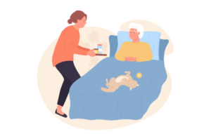 An illustration of a person in bed. Their cat is rolling around playing on their bed and a carer has brought them some refreshments on a tray.