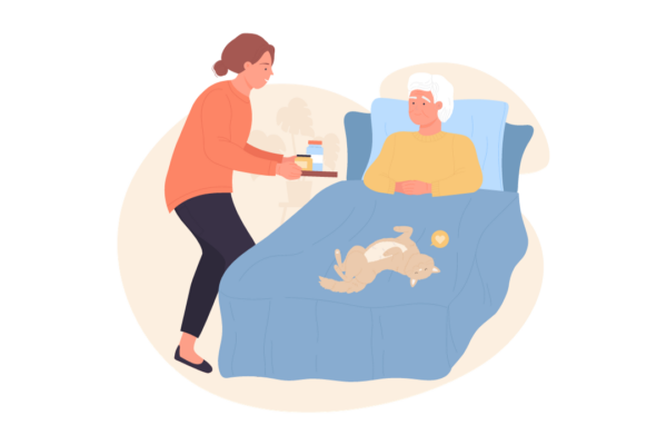 An illustration of a person in bed. Their cat is rolling around playing on their bed and a carer has brought them some refreshments on a tray.