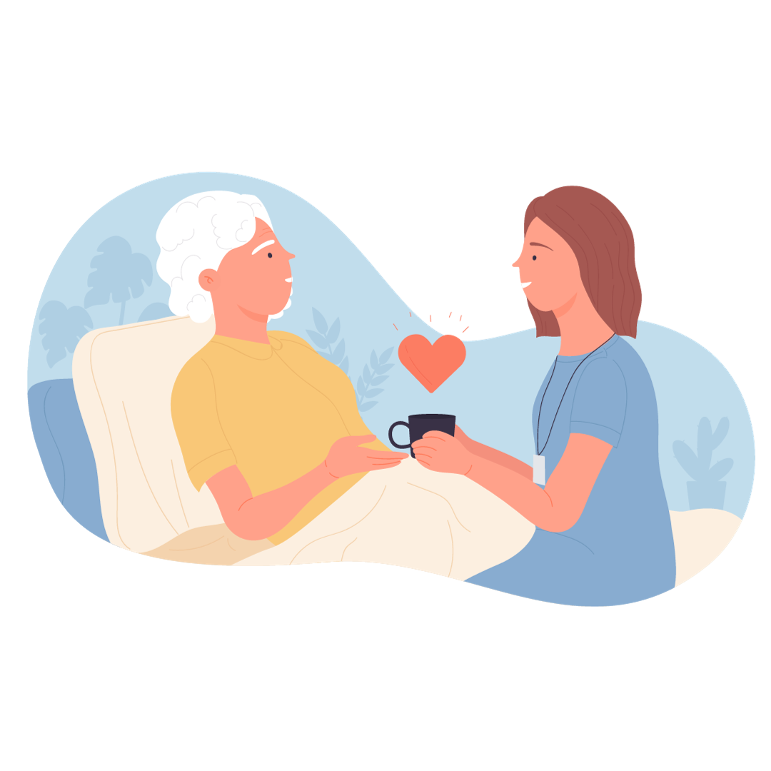 An illustration of someone being cared for in their bed. They are being handed a cup of tea which has a heart floating above it.