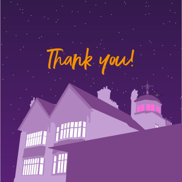 A graphic of the hospice in purple against a starry sky. The tower is lit bright pink.