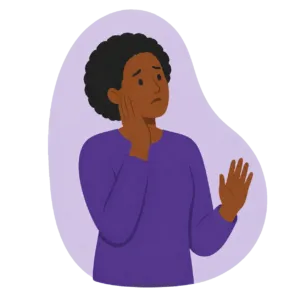 Illustration representing denial, showing a Black woman in a purple top with one hand against her cheek and the other raised.