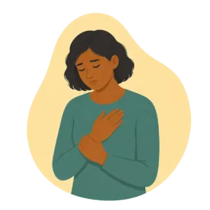 Illustration of a brown-skinned woman with her eyes closed, holding one hand to her chest, against a yellow shape.